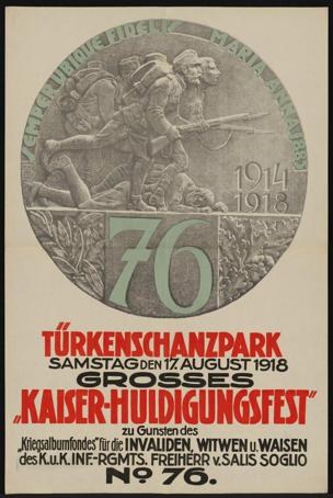 Plakat zum 70. Jahrestag des Kaiser-Huldigungsfestes in Berlin, Deutschland, mit einer Gruppe von Menschen umgeben von Text und Zahlen in einem Rahmen.