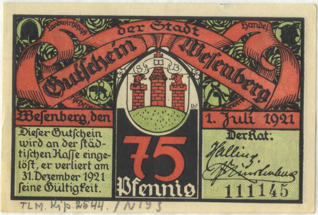 Ein altes deutsches Geldscheingebäude mit einer Illustration, mit dem Text "Bundesliga" und einem Logo unten, vor einem weißen Hintergrund.