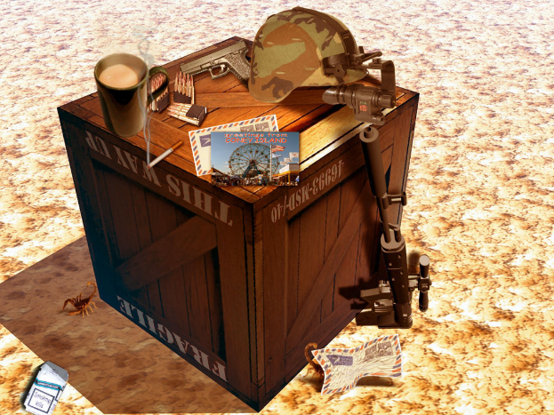 Ein Bild, das eine Schachtel mit einer Mütze, einer Pistole, mehreren Mützen, Papieren und einem Schlüssel zeigt.