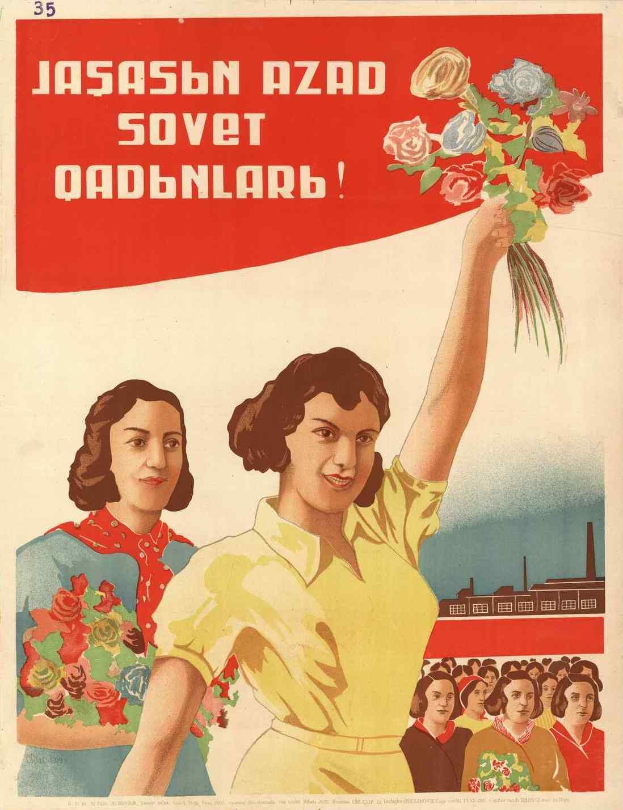 Sowjetisches Propagandaplakat zum Internationalen Frauentag, das eine Frau mit einem Blumenstrauß in der Hand zeigt, umgeben von einer Menge und einem Gebäude, mit der Aufschrift "Frauentag."