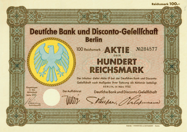 Alte deutsche Banknote mit einem Vogeldesign, ausgegeben von Deutsche Bank und Disconto-Gesellschaft in Berlin.
