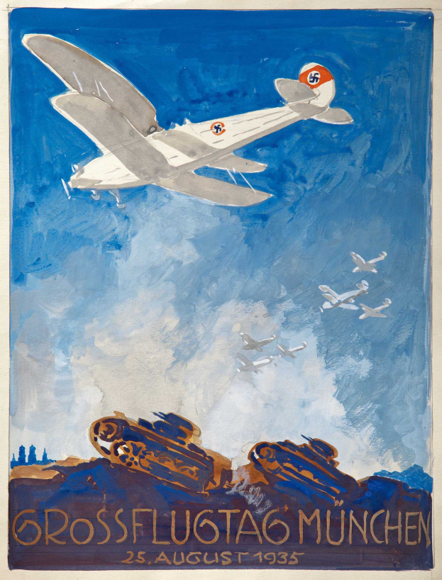 Plakat für die Münchner Luftfahrtausstellung am 25. August 1935, das ein Flugzeug im Flug mit anderen Flugzeugen im Hintergrund und Text unten zeigt.