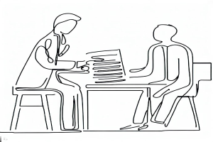 Eine durchgehende Linienzeichnung eines Arztes mit Stethoskop und Clipboard und eines Patienten, der an einem Schreibtisch mit Papieren sitzt, vor einem weißen Hintergrund.