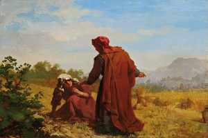 Ein Gemälde mit dem Titel "Die Farmersfrau" von Jean-Baptiste-Camille Corot aus dem Jahr 1872, das einen Mann und eine Frau in einem Feld mit Pflanzen, Gras, Bäumen, Hügeln und einer bewölkten Himmel zeigt.