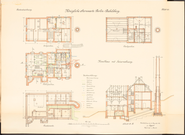 Ein altes Buch mit einer Zeichnung des ursprünglichen Plans der Königliche Hermwerk Berlin-Baklberg, mit detaillierten Plänen und Text.