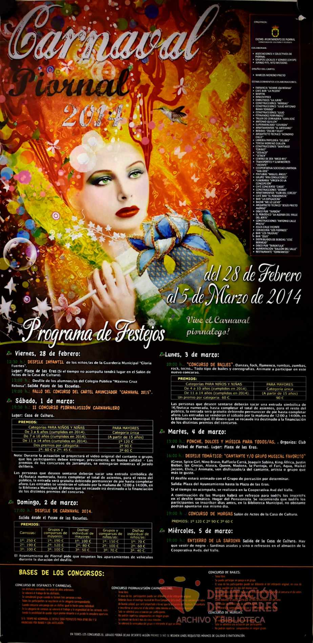 Eine Frau in einem bunten Kleid, die lacht, umgeben von der Schrift "Karnevalsfest 2014" in fetter schwarzer Schrift auf einem leuchtend gelben Hintergrund.