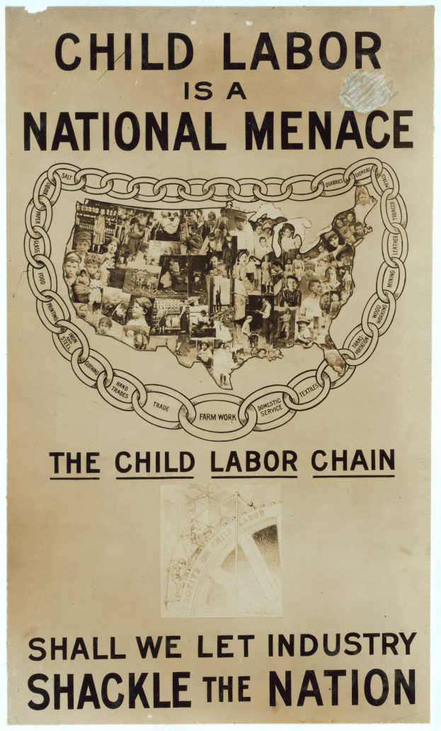 Ein Plakat mit fetter schwarzer Schrift auf weißem Hintergrund trägt die Aufschrift "Kinderschutz ist eine nationale Notwendigkeit - Sollen wir die Industrie das Land fesseln lassen?", mit einer vielseitigen Gruppe von Menschen, die zusammenstehen.