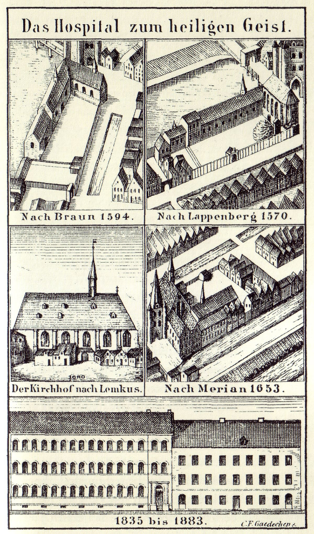 Eine detaillierte Plakatillustration eines deutschen Krankenhauses mit Gebäuden, Fenstern, Türen und Balkonen sowie beschreibendem Text zu Größe, Lage und Ausstattung.