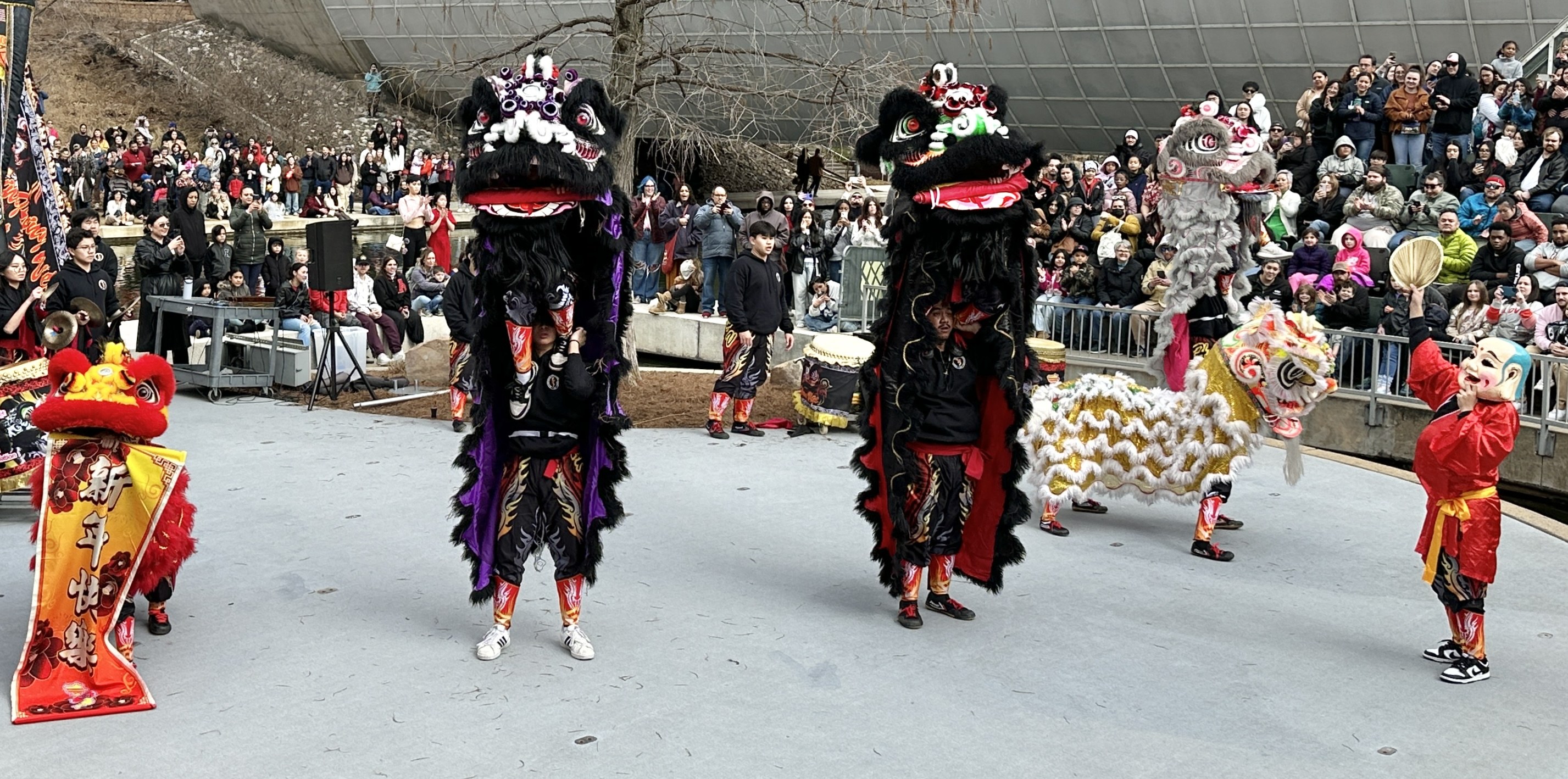 Eine Gruppe von Menschen in Kostümen mit Musikinstrumenten performs auf einer Straße vor einem Publikum während einer Feier zum Chinesischen Neujahr, mit Bäumen und einem Gebäude im Hintergrund.