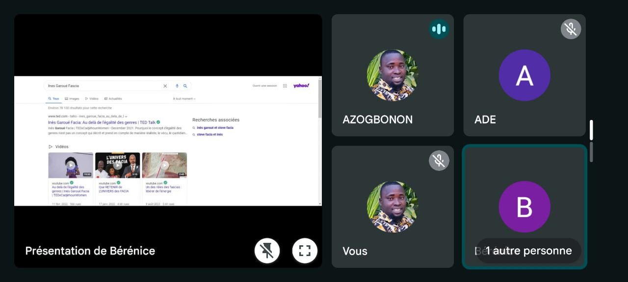 Screenshot einer Yahoo Finance-Webseite mit einer Gruppe von Menschen links, Profilbildern und Text mit Icons rechts und "Yahoo Finance - Presentation de Bérénice" unten.