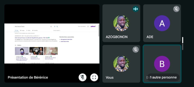 Screenshot einer Yahoo Finance-Webseite mit einer Gruppe von Menschen links, Profilbildern und Text mit Icons rechts und "Yahoo Finance - Presentation de Bérénice" unten.