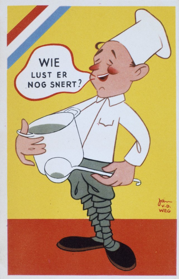 Ein Cartoon-Koch in weißer Uniform und Mütze hält einen Topf und einen Löffel und steht fröhlich in einer Küche mit Herd und Spüle im Hintergrund.