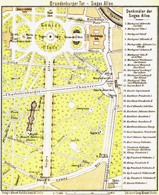 Ausführliche alte Karte von Brandenburg, Deutschland, die Straßen, Gebäude, Parks und Sehenswürdigkeiten mit begleitendem Text zeigt.