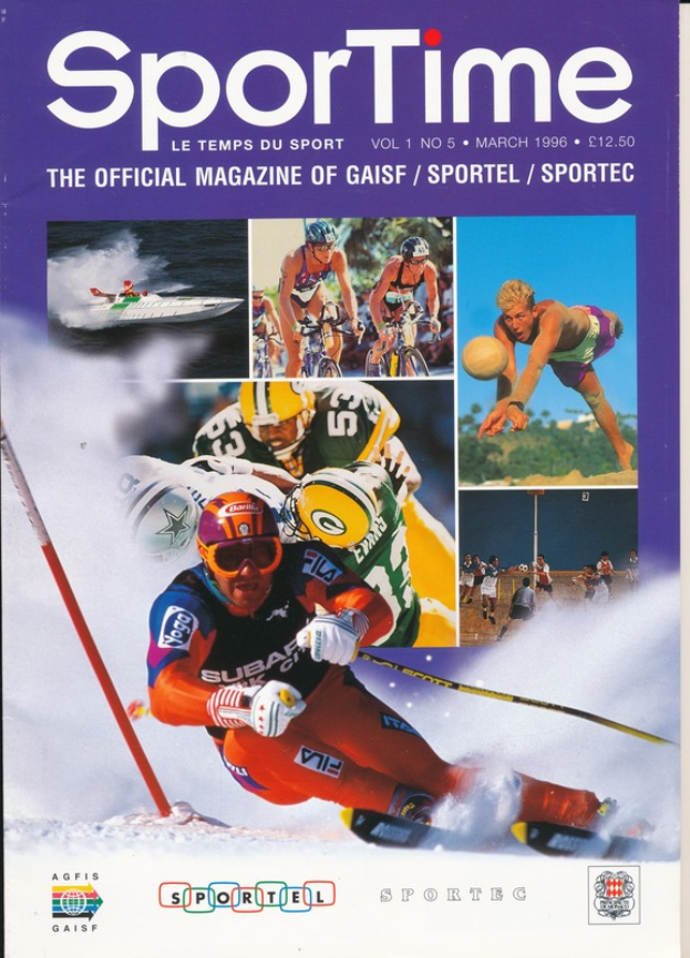 Magazinumschlag mit der Überschrift "Sporttime Magazine - März 1996" mit Bildern von Menschen beim Skifahren und Snowboarden sowie Text und Logos.