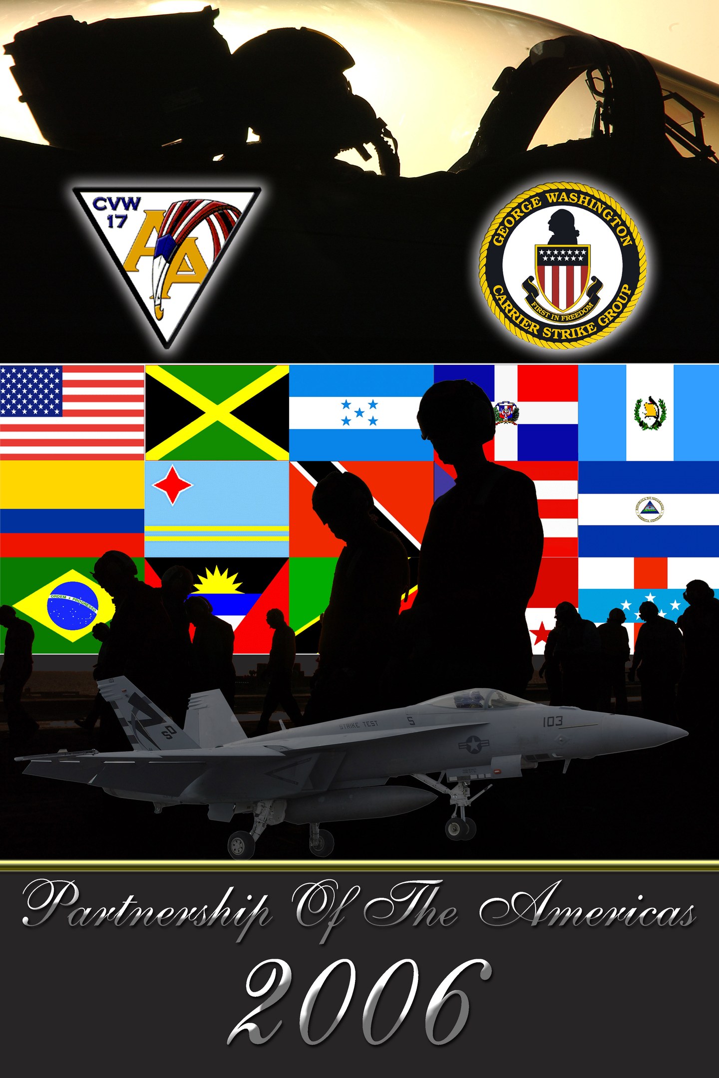 Ein Plakat mit einem Kampfjet in der Mitte, umgeben von Menschen und Flaggen, mit einem Flugzeug oben und dem Text "Amerikas Partnerschaft 2006" unten.