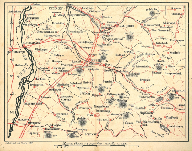 Ein detaillierter alter Stadtplan der Schlacht von Freiburg, Deutschland während des Ersten Weltkriegs, mit Text und Linien, die den Standort der Schlacht angeben.