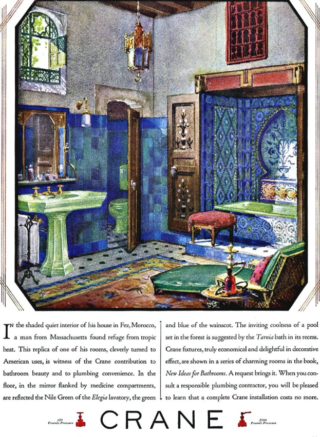Eine Seite aus einem Buch, die ein Badezimmer mit Waschbecken, Wasserhahn, Spiegel, Lampe, Fenster, Tür, WC, Hocker, Stuhl, Badewanne und einen Teppich zeigt.