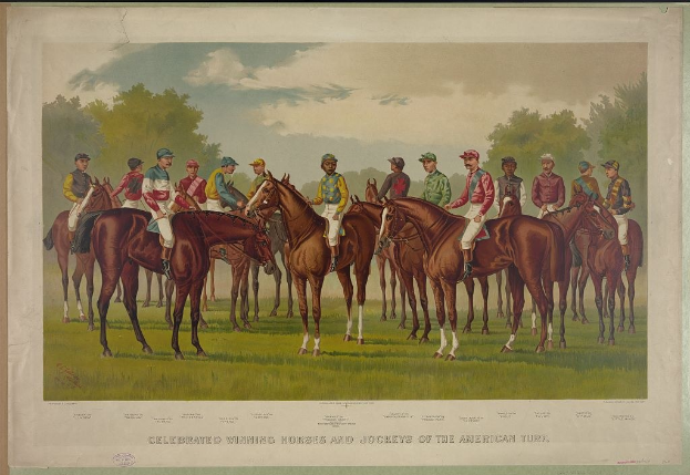 Gruppe von Menschen, die Pferde auf einer grünen Wiese mit Bäumen und einem blauen Himmel reiten, mit Text unten, der "Feiernder Siegerpferde und Jockeys des amerikanischen Rasens" lautet.