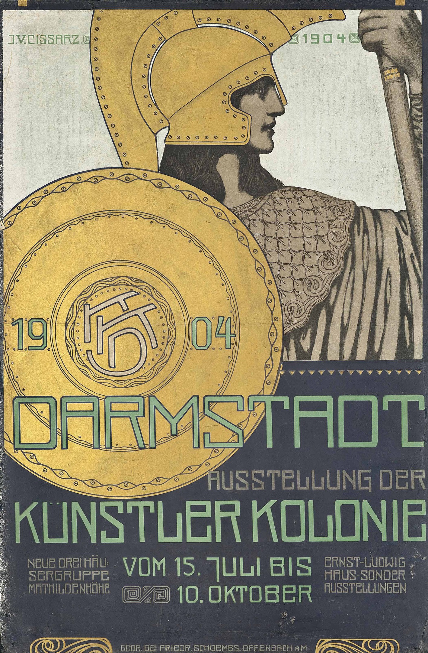 Plakat für ein 1904er Berlin-Konzert mit einem Helmbewaffneten, der ein Schild hält, mit 'Darmstadt' und 'Künstler Kolonie' in Fettschrift.