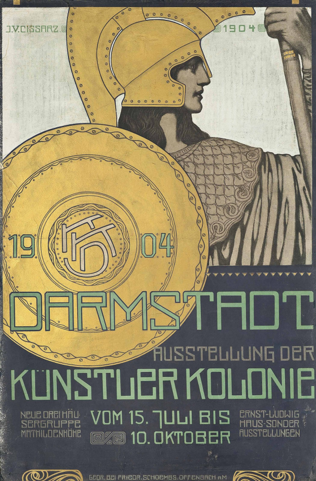 Plakat für ein 1904er Berlin-Konzert mit einem Helmbewaffneten, der ein Schild hält, mit 'Darmstadt' und 'Künstler Kolonie' in Fettschrift.