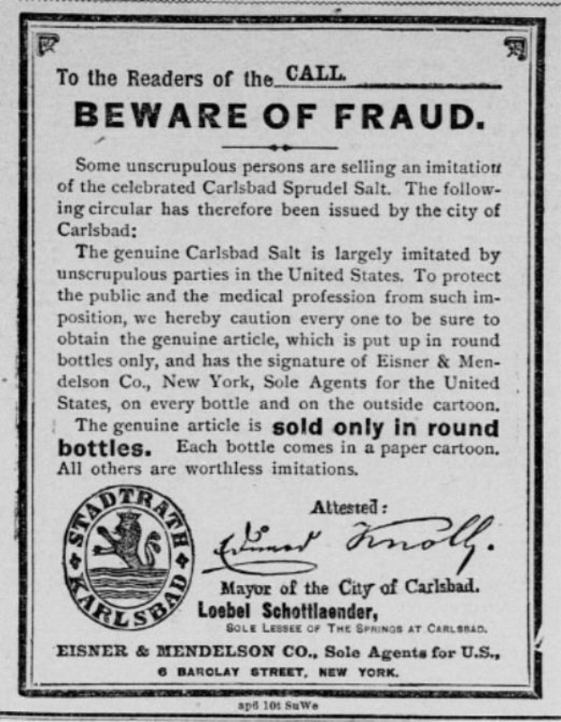 Schwarzer und weißer Poster mit der Warnung vor Betrug und dem Text "Carlsbad Spruud Salt" und einem begleitenden Logo.