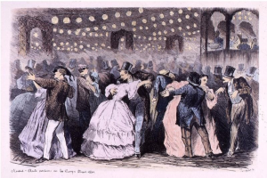 Eine Gruppe von Menschen, die in einem Ballsaal tanzen, mit Wänden, beleuchtet von Lichtern und Text unten, der 'Madame Baille Nacional en la Campagne Bleuet, 1860' lautet.