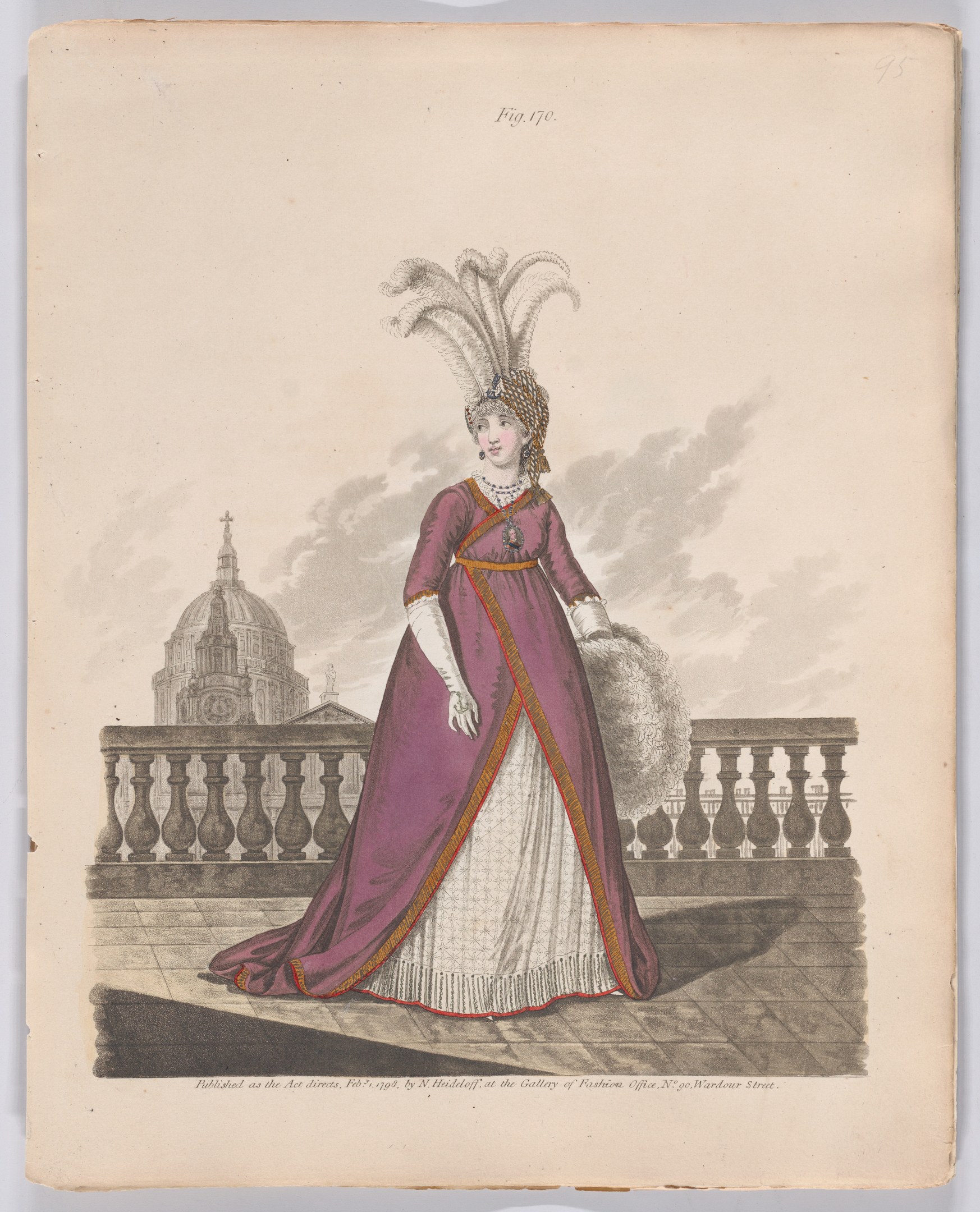 Frau in einem purpurfarbenen und weißen Federkleid, die an einem Geländer steht, mit einem Gebäude und Wolken im Hintergrund, beschriftet mit "Fashion of New York, New York Street, 1790".